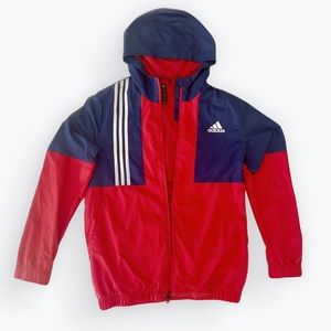 Adidas Men’s Windbreaker Hooded Jacket Full Zip Red, White, Blue Size Small